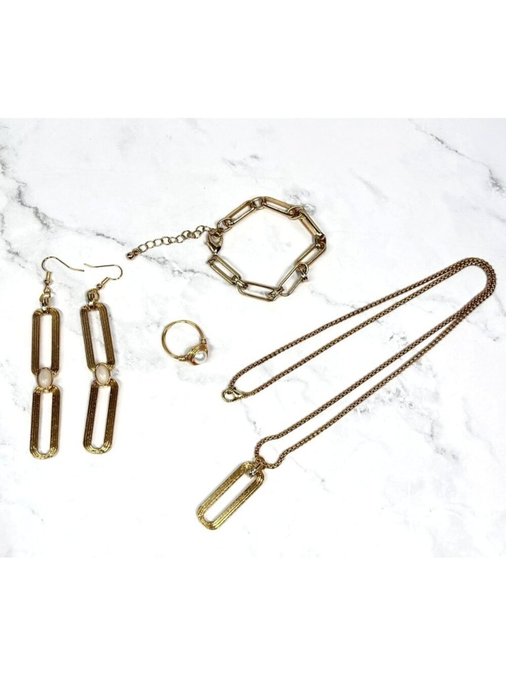 Coordinating Set of Retro Art Deco Gold Tone Jewelry & Genuine White Pearl Ring